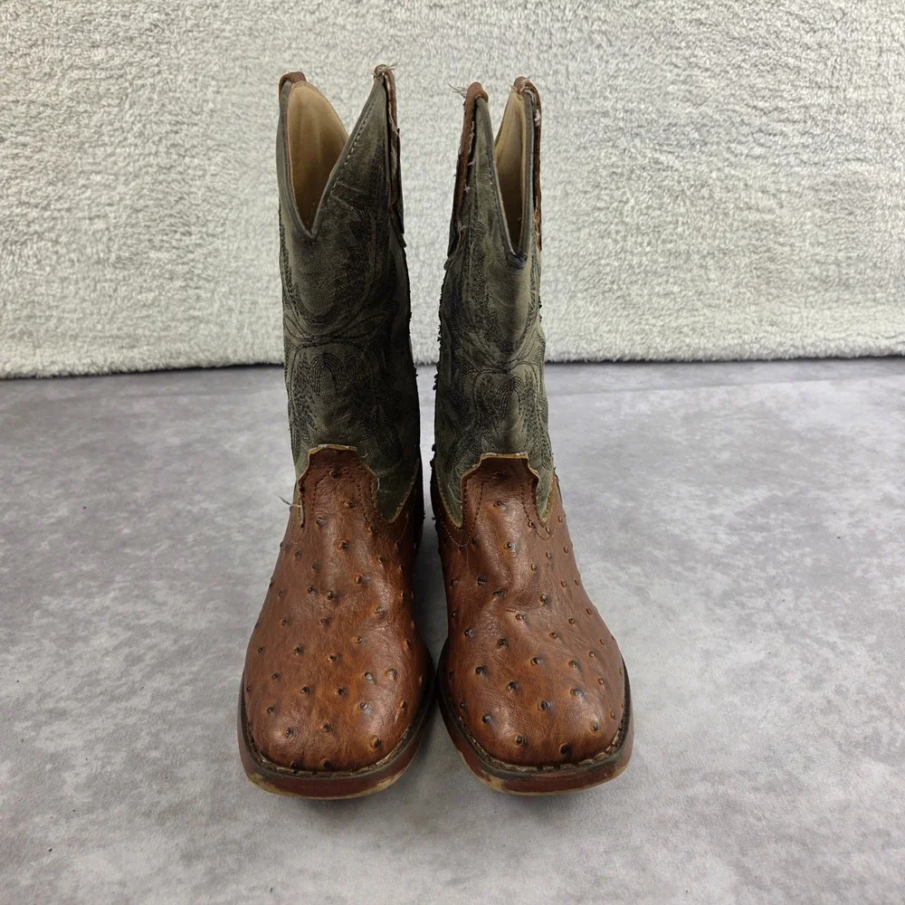 Roper Little Kids Faux Ostrich Western Cowboy Boots Brn Green Size 1 09-018-0191